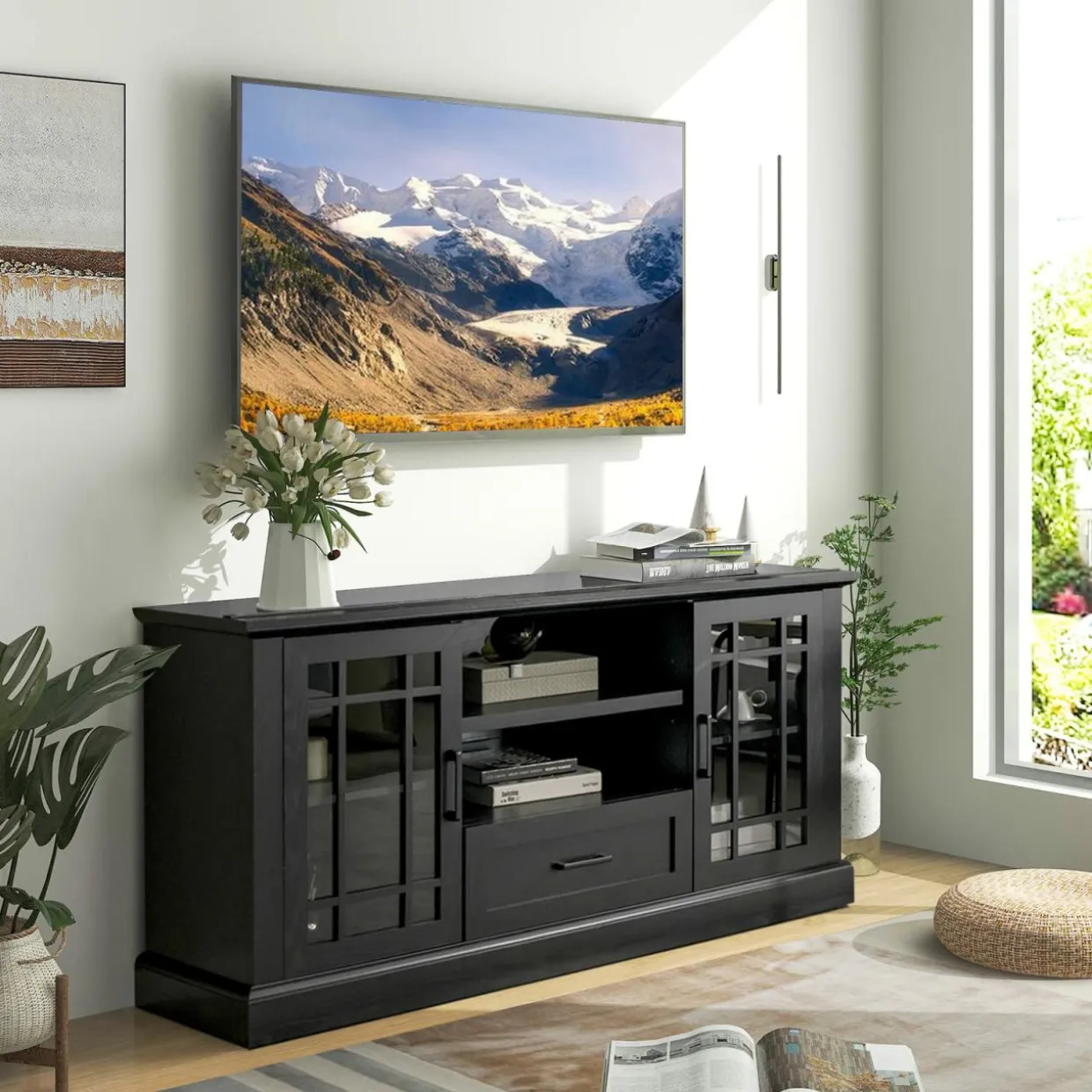 Tangkula Farmhouse TV Stand for TV up to 70 Inch, Tall Media Console Table with 2 Glass Doors