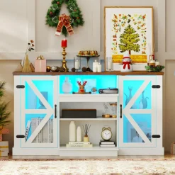 Tangkula Farmhouse TV Stand for TV up to 65 Inch, 58”L Tall Media Entertainment Center with 20 Color Led Lights