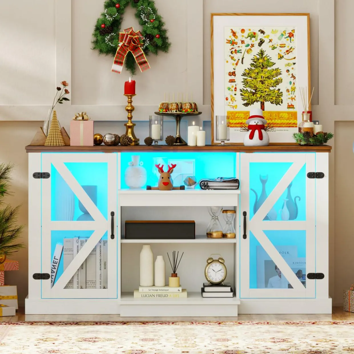 Tangkula Farmhouse TV Stand for TV up to 65 Inch, 58”L Tall Media Entertainment Center with 20 Color Led Lights