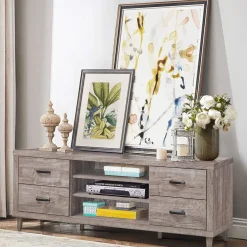 Tangkula Farmhouse TV Stand, Retro Wood Universal Stand for TV's up to 65