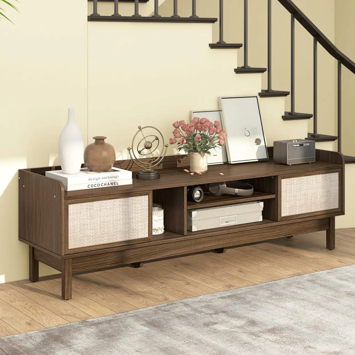 Tangkula Farmhouse TV Stand for TVs up to 65”, Mid Century Modern TV Console Table w/Storage (Walnut, 59”L, up to 65"TV)