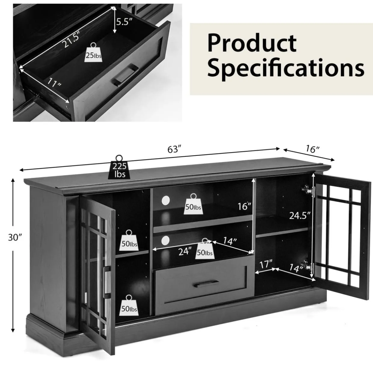 Tangkula Farmhouse TV Stand for TV up to 70 Inch, Tall Media Console Table with 2 Glass Doors