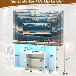 Tangkula Farmhouse TV Stand for TV up to 65 Inch, 58”L Tall Media Entertainment Center with 20 Color Led Lights