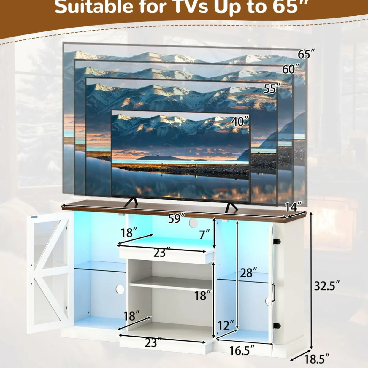 Tangkula Farmhouse TV Stand for TV up to 65 Inch, 58”L Tall Media Entertainment Center with 20 Color Led Lights