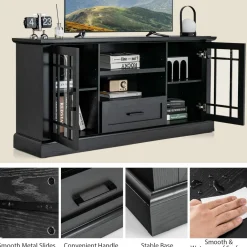 Tangkula Farmhouse TV Stand for TV up to 70 Inch, Tall Media Console Table with 2 Glass Doors