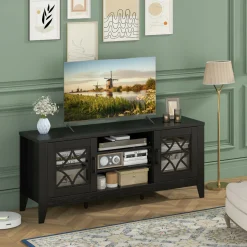 Tangkula Farmhouse TV Stand for TVs Up to 65-in, Classic Media Entertainment Center w/Glass Door Cabinets & 4 Adjustable Shelves