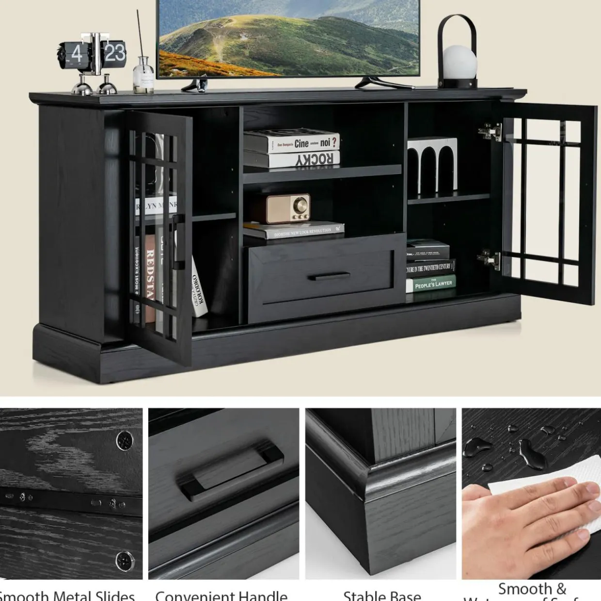 Tangkula Farmhouse TV Stand for TV up to 70 Inch, Tall Media Console Table with 2 Glass Doors