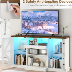 Tangkula Farmhouse TV Stand for TV up to 65 Inch, 58”L Tall Media Entertainment Center with 20 Color Led Lights