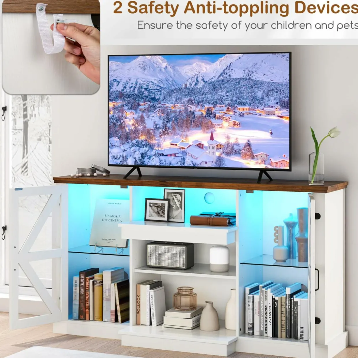 Tangkula Farmhouse TV Stand for TV up to 65 Inch, 58”L Tall Media Entertainment Center with 20 Color Led Lights