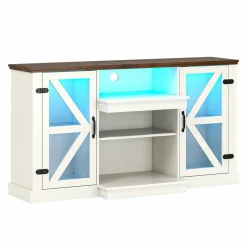 Tangkula Farmhouse TV Stand for TV up to 65 Inch, 58”L Tall Media Entertainment Center with 20 Color Led Lights