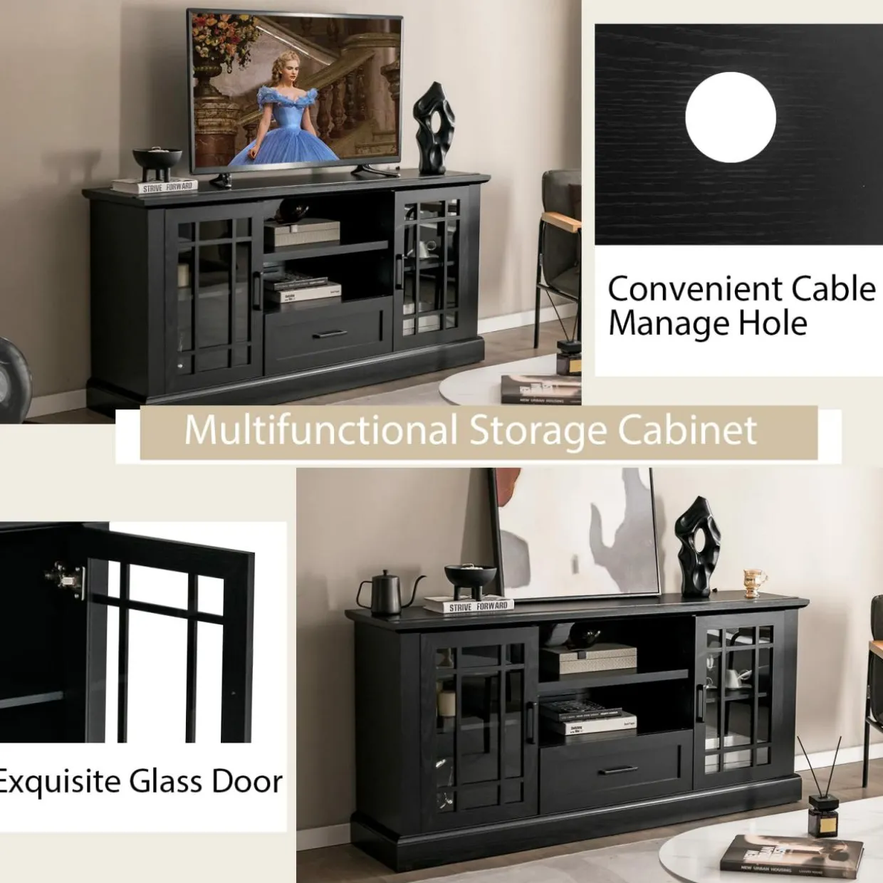 Tangkula Farmhouse TV Stand for TV up to 70 Inch, Tall Media Console Table with 2 Glass Doors