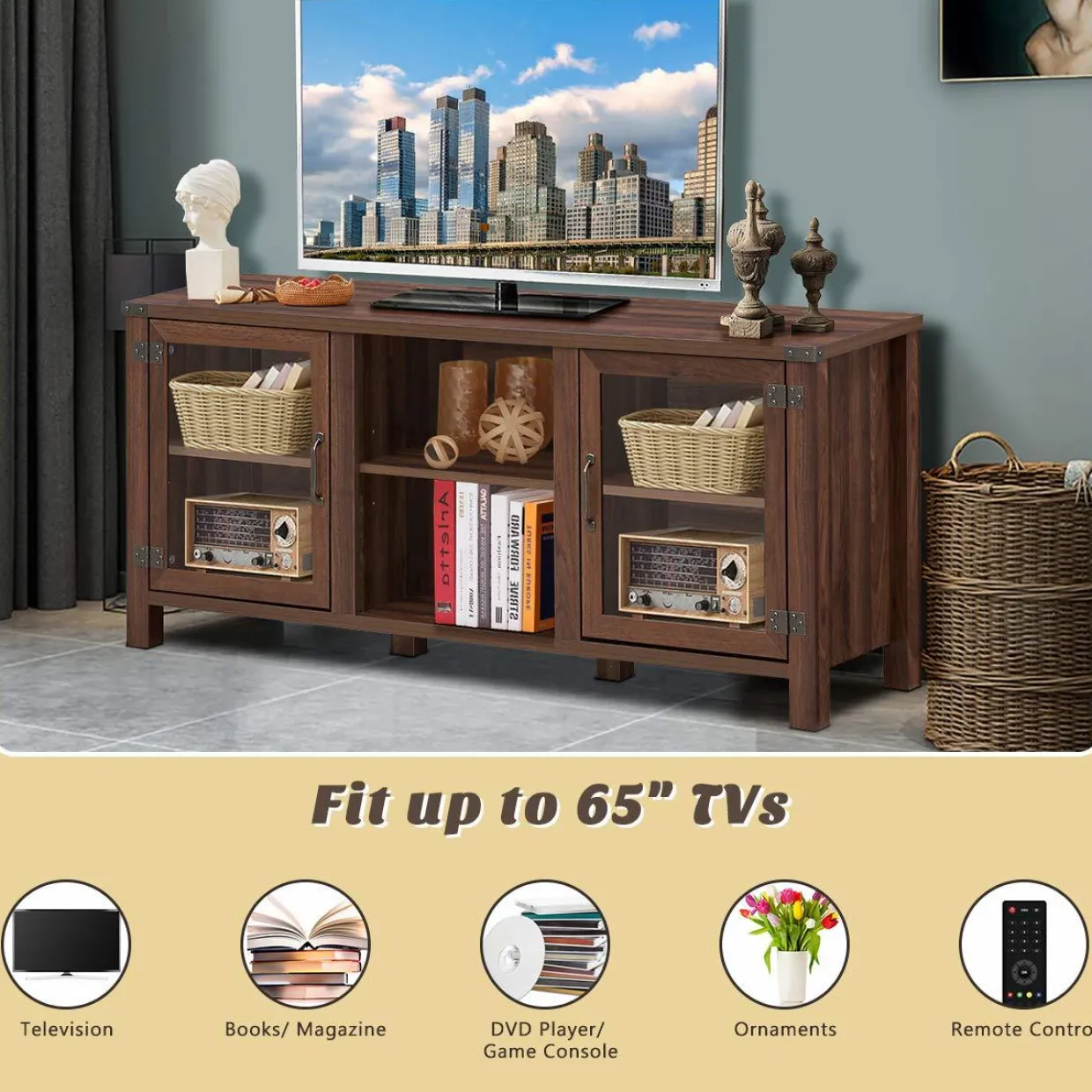 Tangkula Farmhouse TV Stand, Living Room Console Storage Cabinet for TVs up to 65" Flat Screen