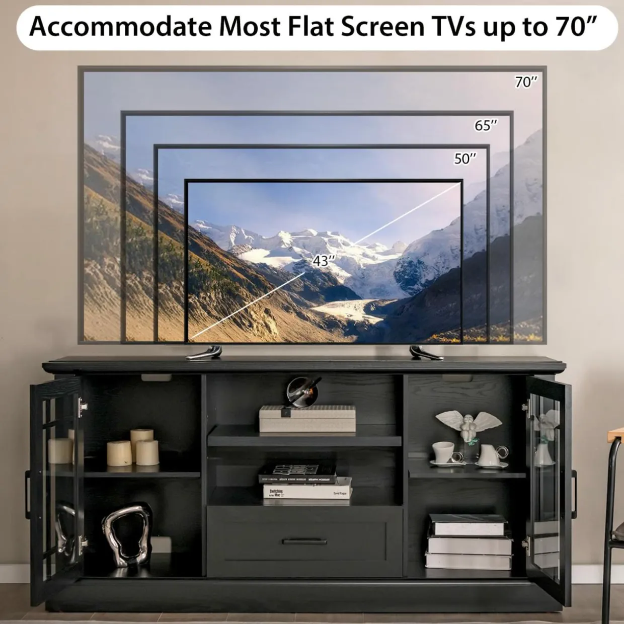 Tangkula Farmhouse TV Stand for TV up to 70 Inch, Tall Media Console Table with 2 Glass Doors