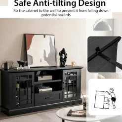Tangkula Farmhouse TV Stand for TV up to 70 Inch, Tall Media Console Table with 2 Glass Doors