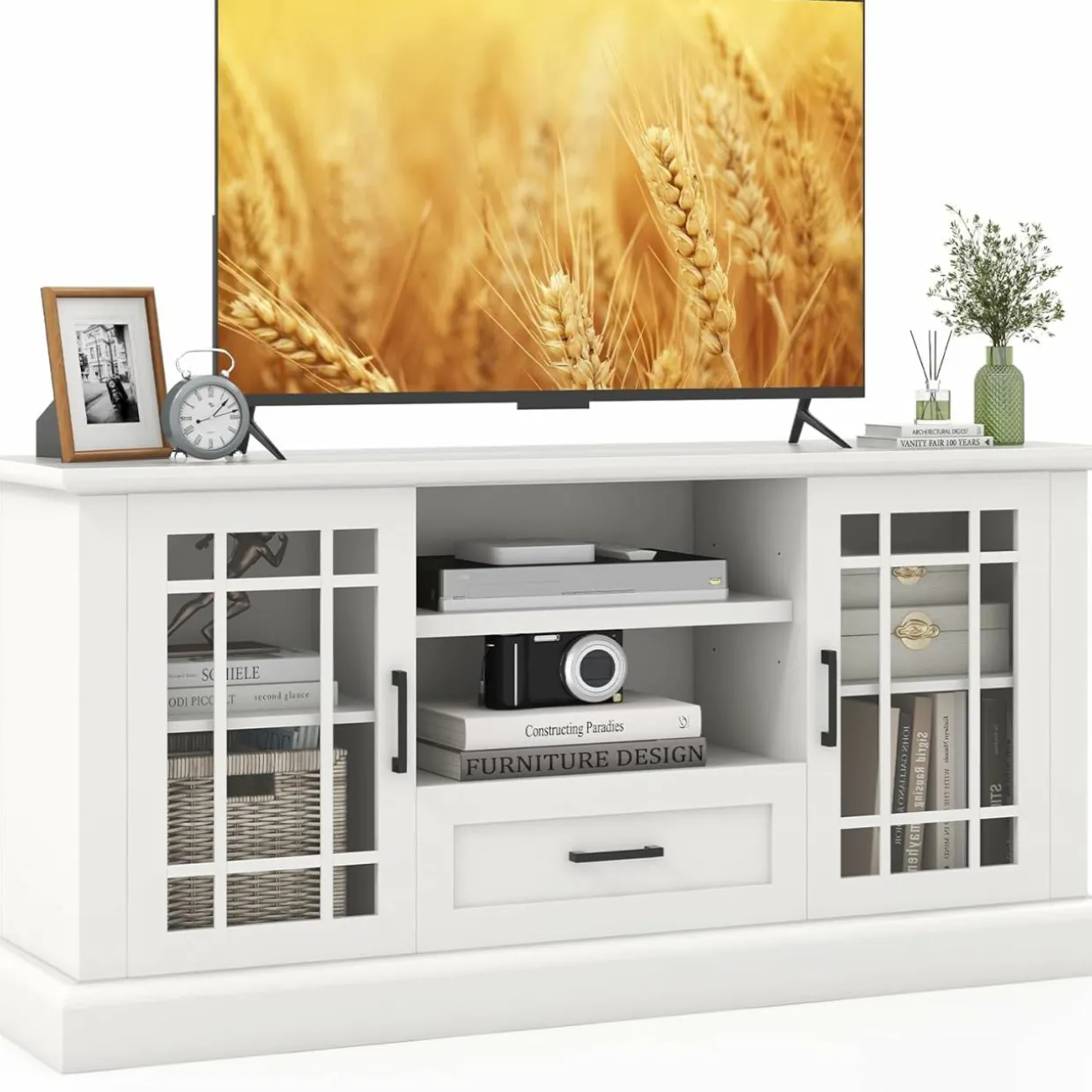 Tangkula Farmhouse TV Stand for TV up to 70 Inch, Tall Media Console Table with 2 Glass Doors