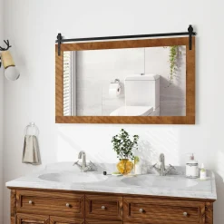 Tangkula Farmhouse Wall Mirror, 40" x 26" Rustic Bathroom Mirror with Fir Wood Frame