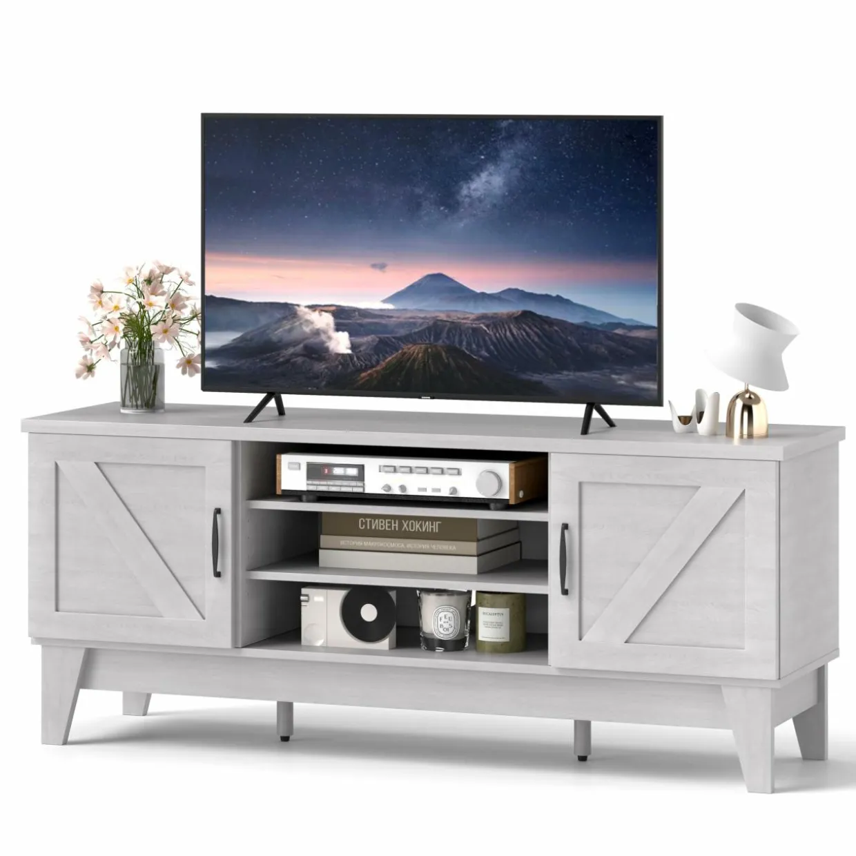 Tangkula Farmhouse Wood TV Stand for TVs Up to 65”