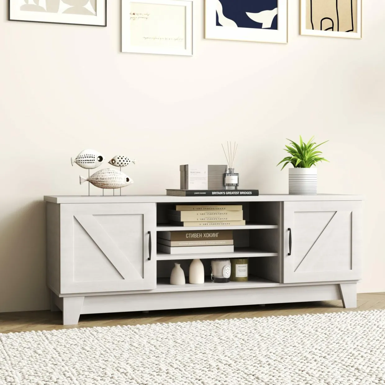 Tangkula Farmhouse Wood TV Stand for TVs Up to 65”