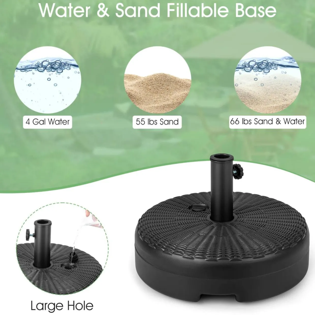 Tangkula Fillable Umbrella Base Stand, Water & Sand Filled 66 lbs Heavy-Duty Patio Umbrella Weighted Stand