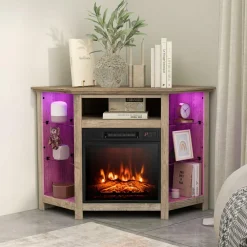 Tangkula Fireplace Corner TV Stand with LED Lights & Smart APP Control for 50 Inches TV