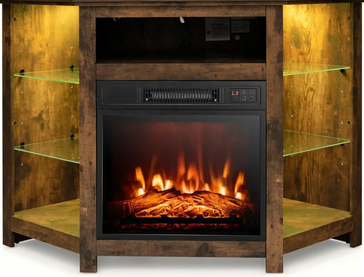 Tangkula Fireplace Corner TV Stand with LED Lights & Smart APP Control for 50 Inches TV