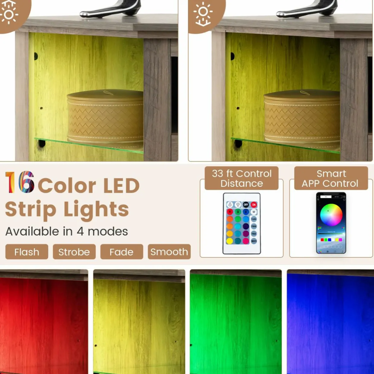 Tangkula Fireplace Corner TV Stand with LED Lights & Smart APP Control for 50 Inches TV