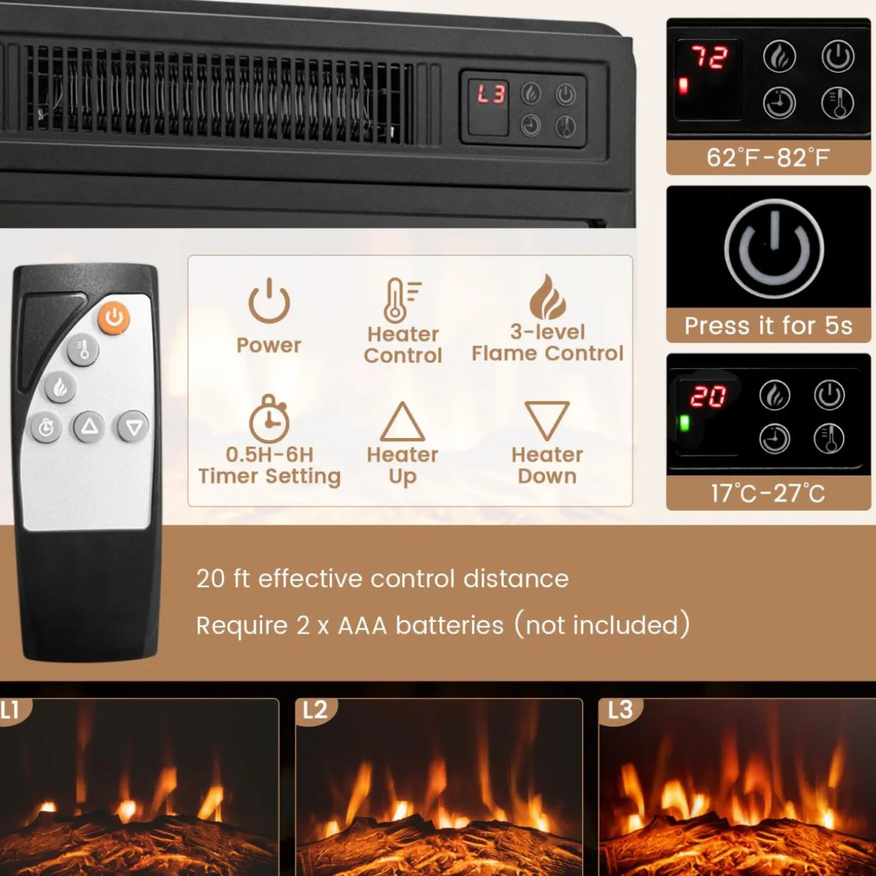 Tangkula Fireplace Corner TV Stand with LED Lights & Smart APP Control for 50 Inches TV