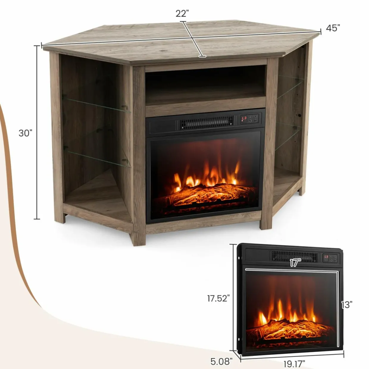 Tangkula Fireplace Corner TV Stand with LED Lights & Smart APP Control for 50 Inches TV