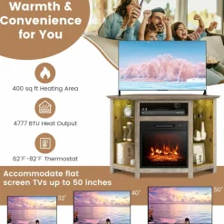 Tangkula Fireplace Corner TV Stand with LED Lights & Smart APP Control for 50 Inches TV