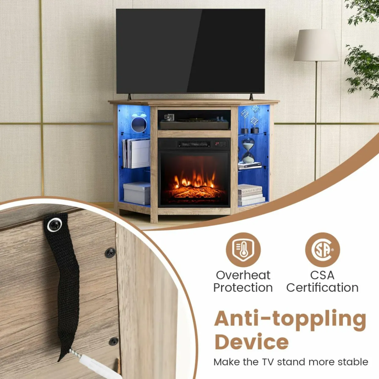 Tangkula Fireplace Corner TV Stand with LED Lights & Smart APP Control for 50 Inches TV