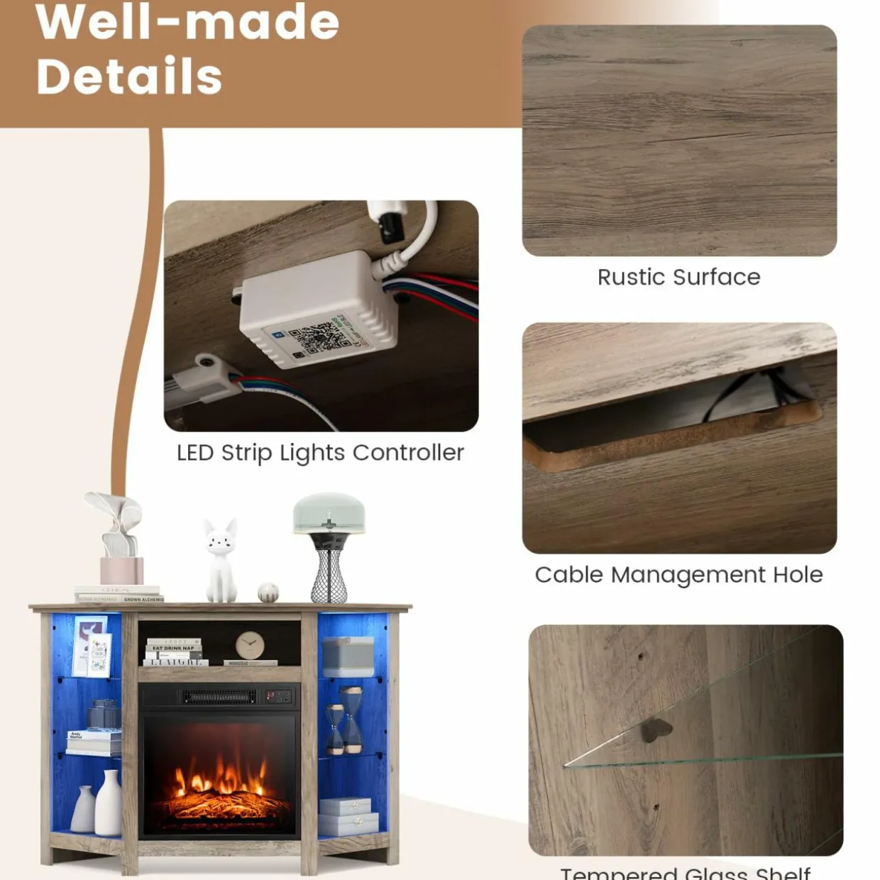 Tangkula Fireplace Corner TV Stand with LED Lights & Smart APP Control for 50 Inches TV