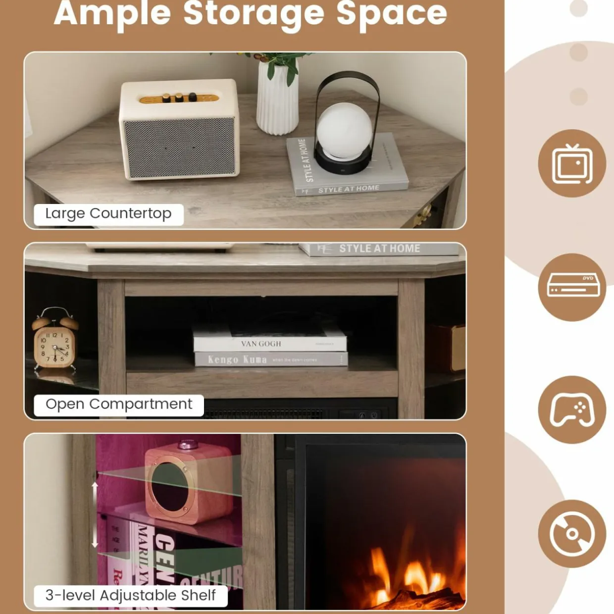Tangkula Fireplace Corner TV Stand with LED Lights & Smart APP Control for 50 Inches TV