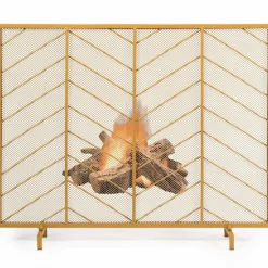 Tangkula Fireplace Screen, Contemporary Chevron Freestanding Fireplace Screen w/Sturdy Wrought Iron Frame
