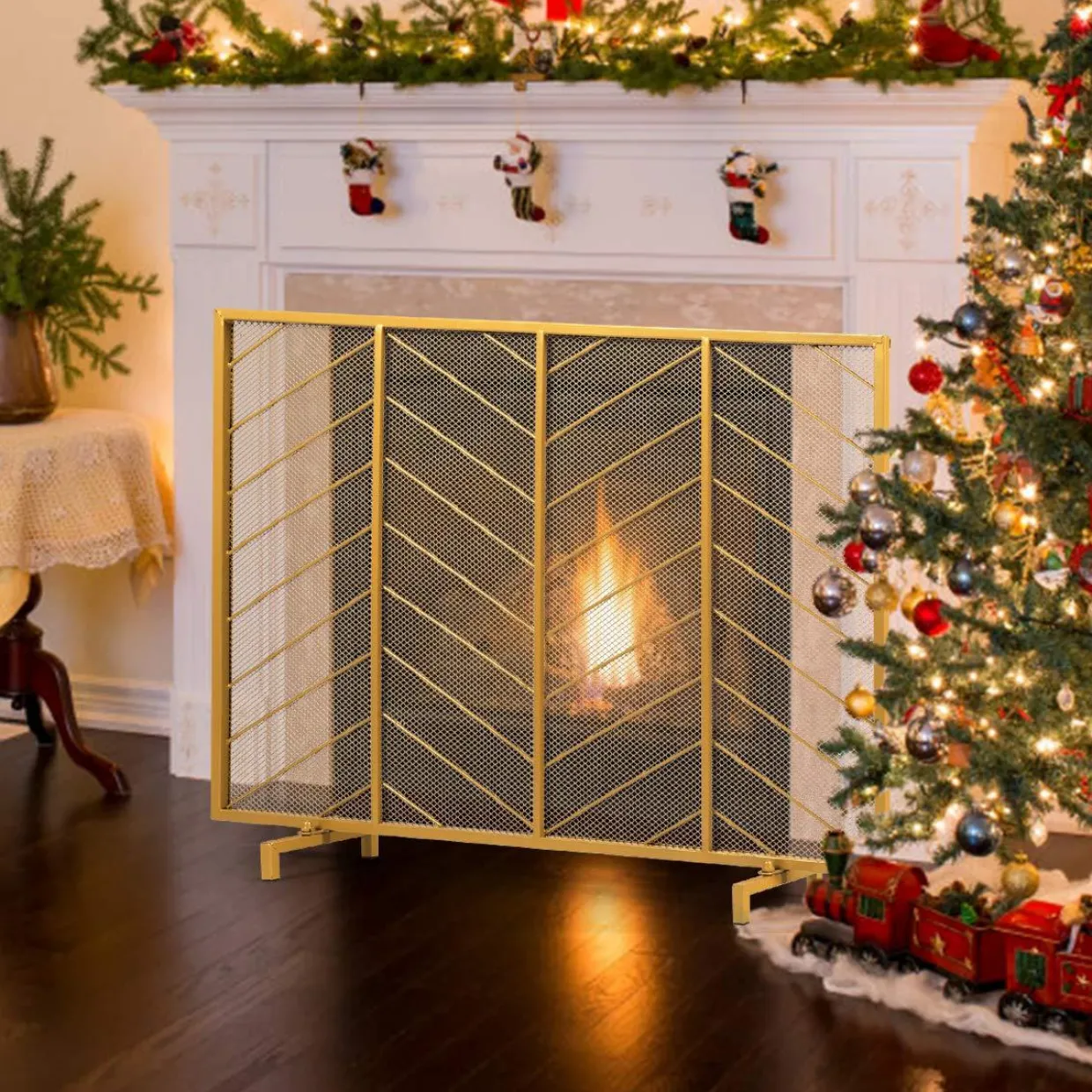 Tangkula Fireplace Screen, Contemporary Chevron Freestanding Fireplace Screen w/Sturdy Wrought Iron Frame