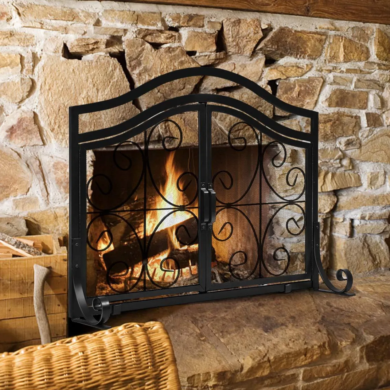 Tangkula Fireplace Screen, with Hinged Two-Doors Large Flat Guard Screens (44 x 15 x 33. 5 inch)