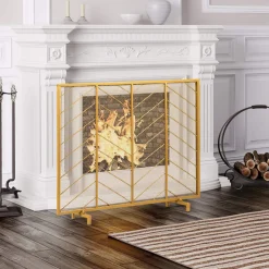Tangkula Fireplace Screen, Contemporary Chevron Freestanding Fireplace Screen w/Sturdy Wrought Iron Frame