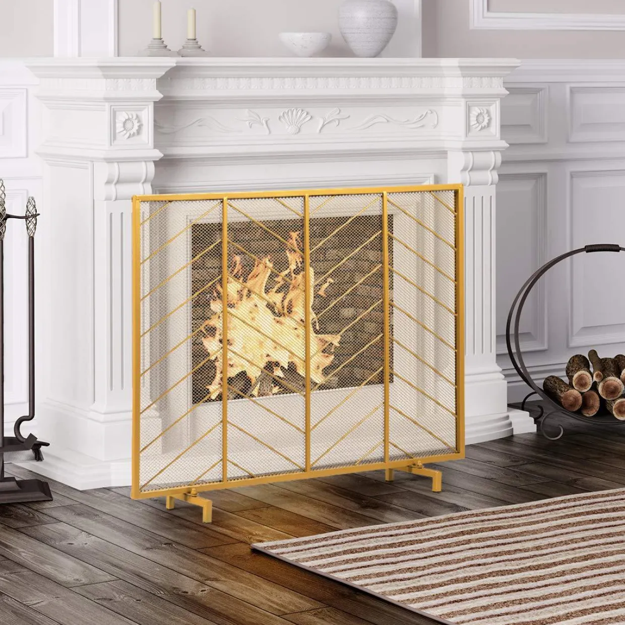Tangkula Fireplace Screen, Contemporary Chevron Freestanding Fireplace Screen w/Sturdy Wrought Iron Frame