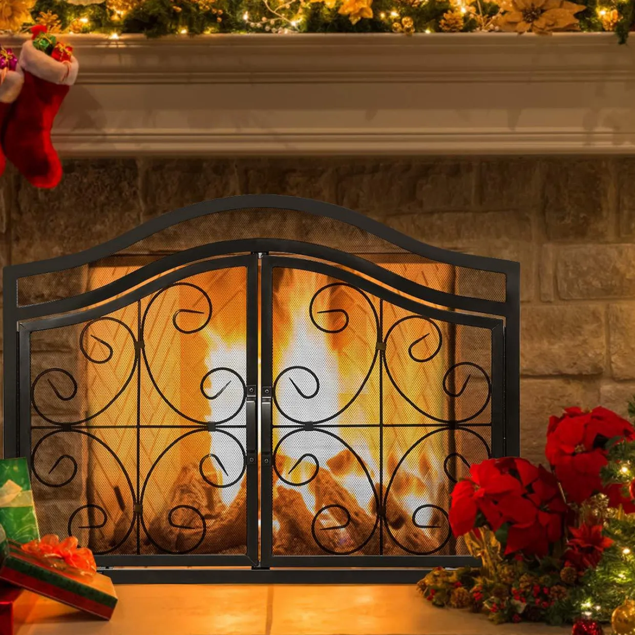 Tangkula Fireplace Screen, with Hinged Two-Doors Large Flat Guard Screens (44 x 15 x 33. 5 inch)