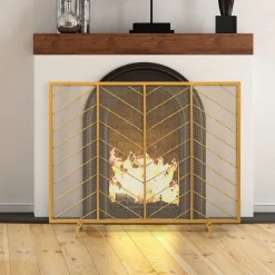 Tangkula Fireplace Screen, Contemporary Chevron Freestanding Fireplace Screen w/Sturdy Wrought Iron Frame