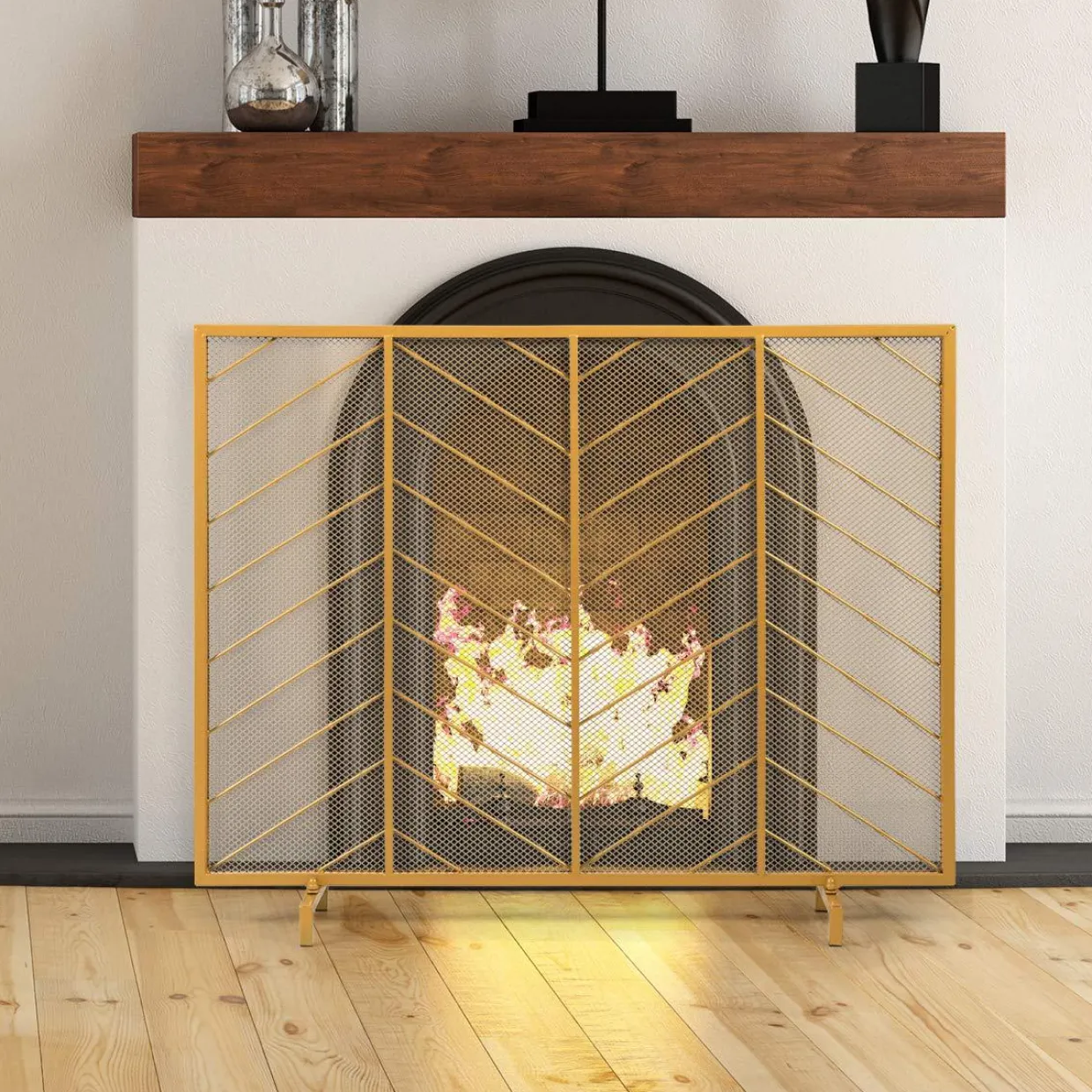 Tangkula Fireplace Screen, Contemporary Chevron Freestanding Fireplace Screen w/Sturdy Wrought Iron Frame