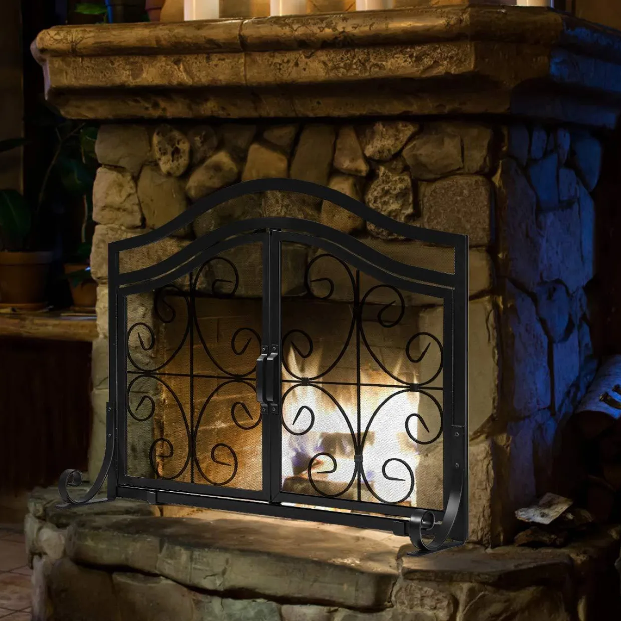 Tangkula Fireplace Screen, with Hinged Two-Doors Large Flat Guard Screens (44 x 15 x 33. 5 inch)