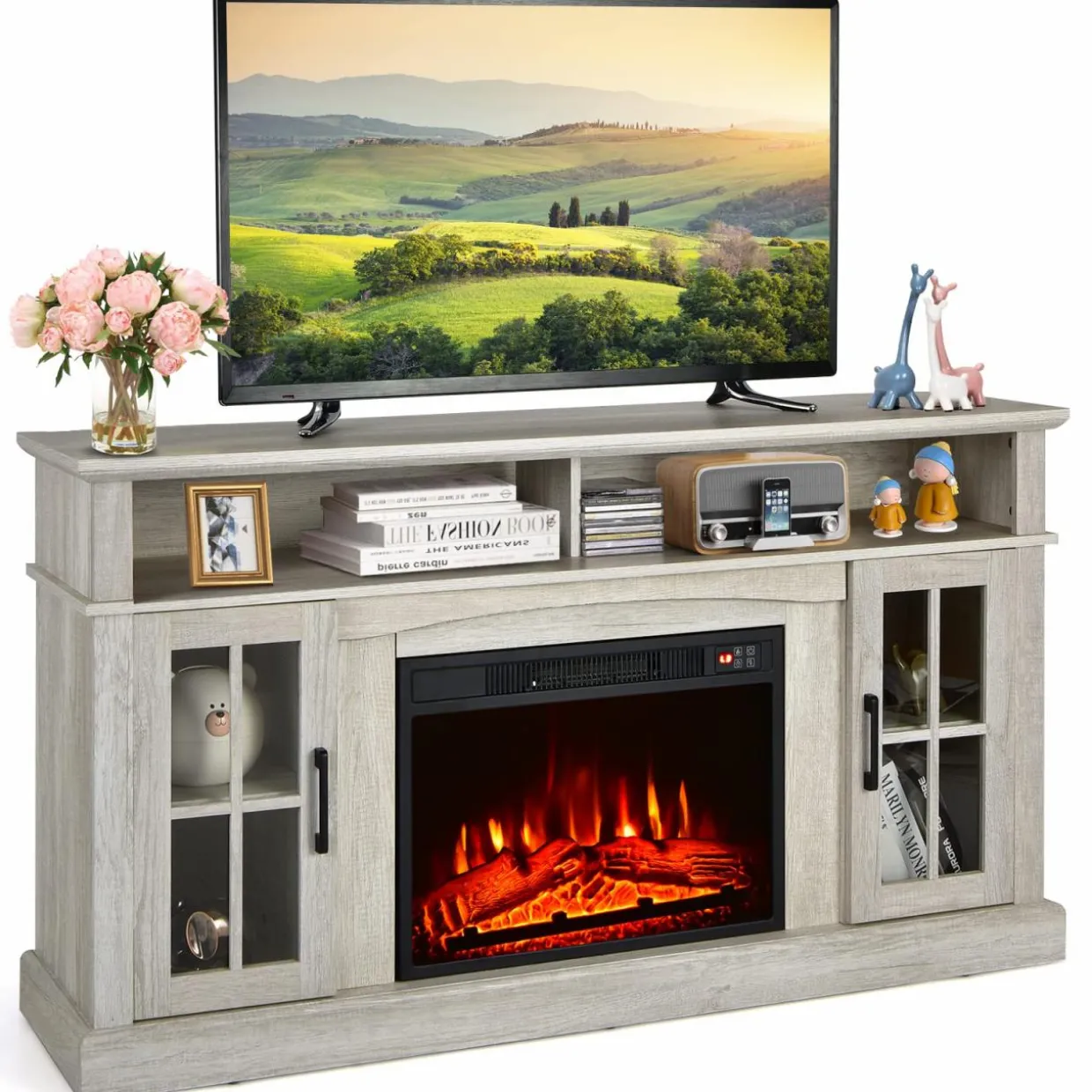 Tangkula Fireplace TV Stand for TVs Up to 65 Inch, Electric Fireplace TV Console w/Remote Control, Overheat Protection