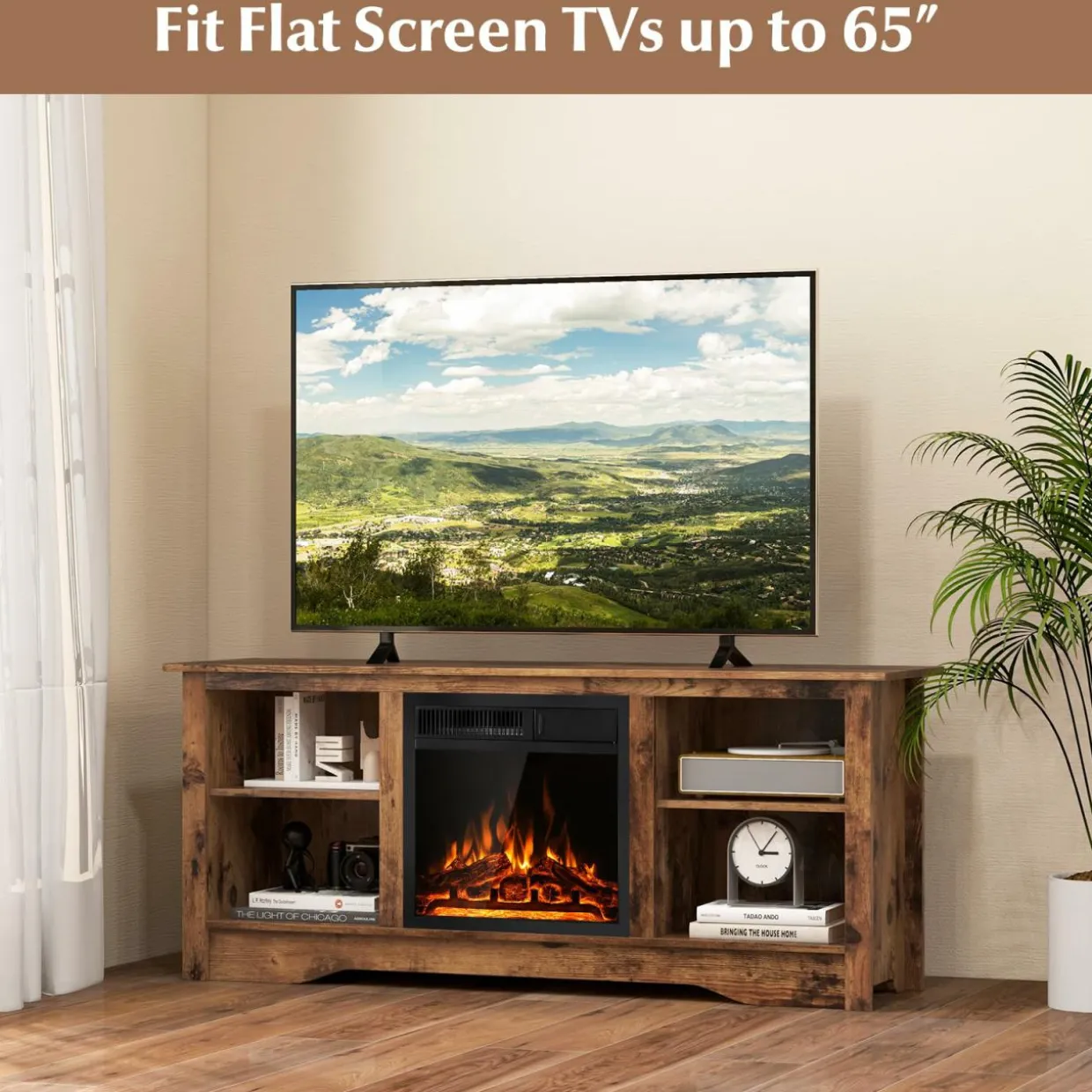 Tangkula Fireplace TV Stand for 65 Inches TV, 18” Electric Fireplace with Remote, 7-Level Brightness and 750W/1500W Heat Setting