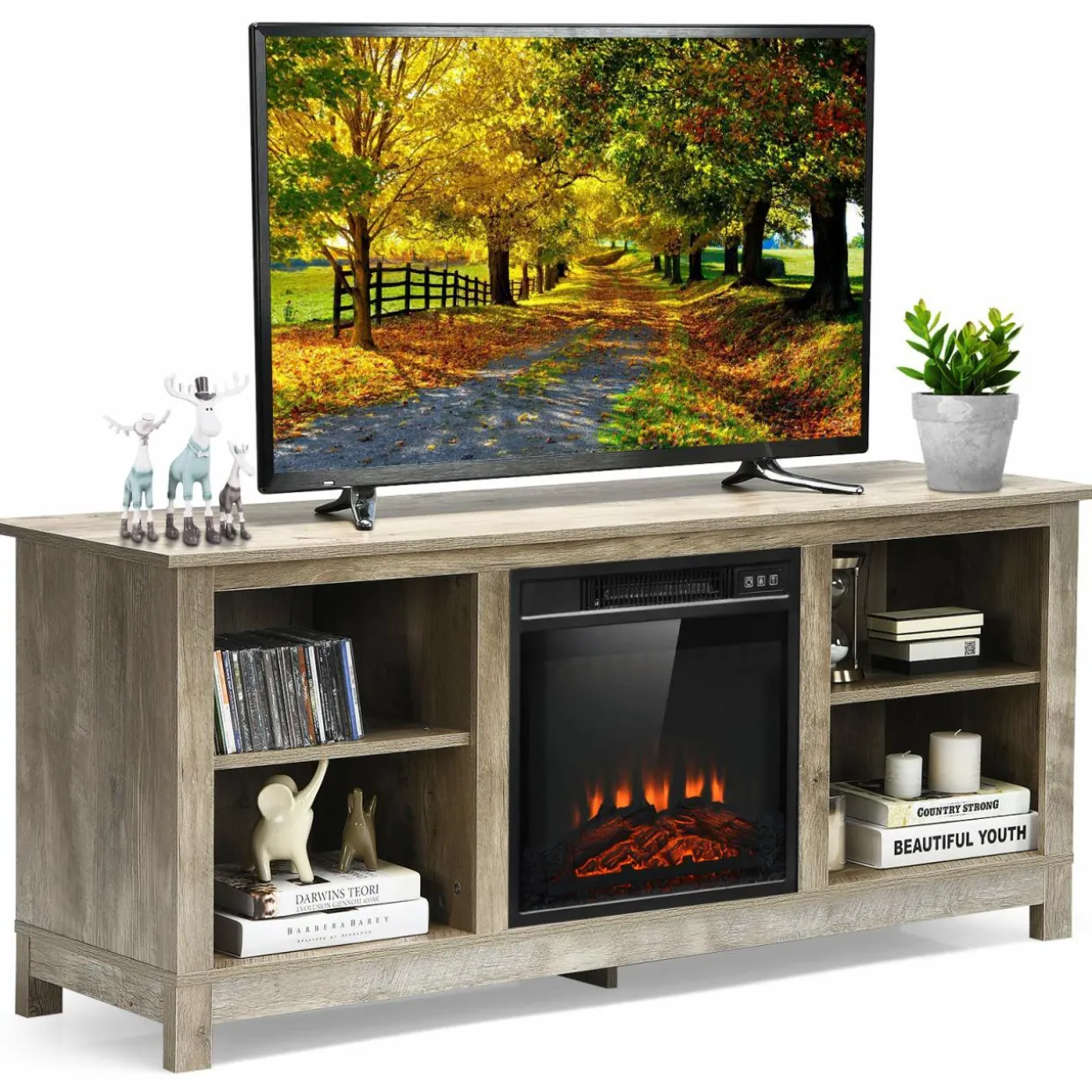 Tangkula Fireplace TV Stand for TVs up to 65 Inches, with 18 Inches 1400W 5,000 BTU Electric Fireplace Insert