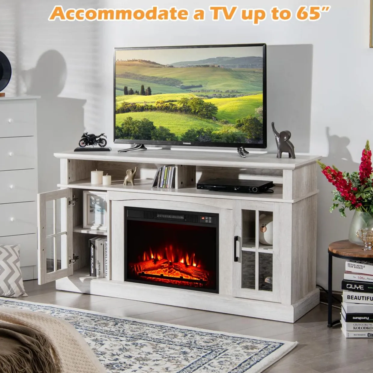 Tangkula Fireplace TV Stand for TVs Up to 65 Inch, Electric Fireplace TV Console w/Remote Control, Overheat Protection