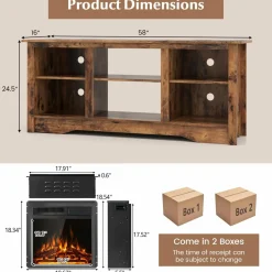 Tangkula Fireplace TV Stand for 65 Inches TV, 18” Electric Fireplace with Remote, 7-Level Brightness and 750W/1500W Heat Setting
