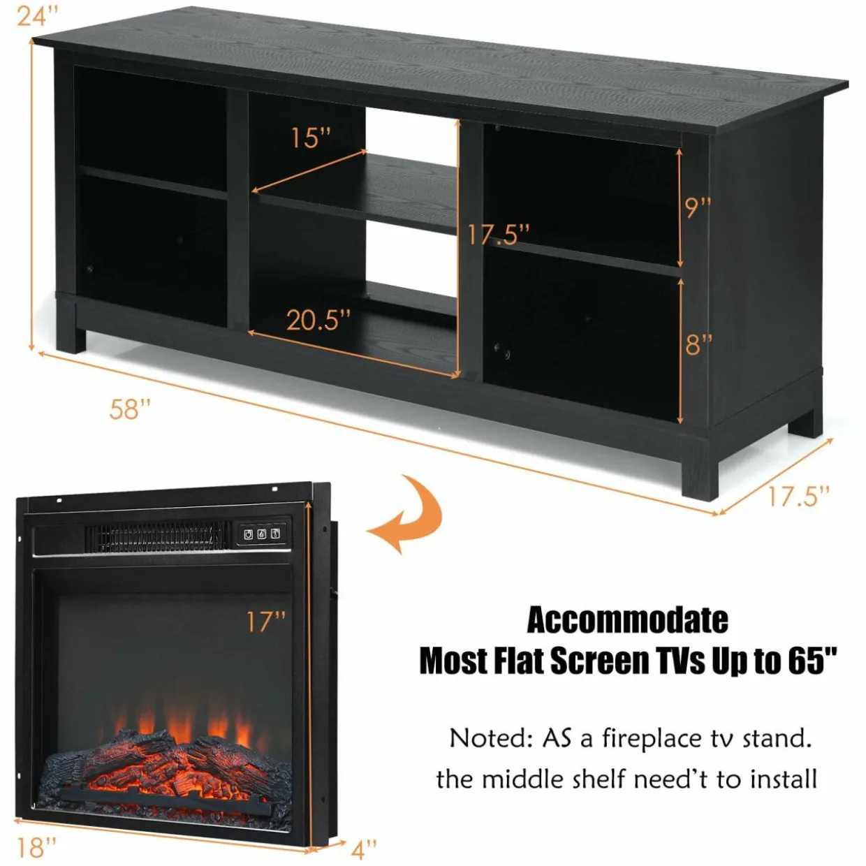 Tangkula Fireplace TV Stand for TVs up to 65 Inches, with 18 Inches 1400W 5,000 BTU Electric Fireplace Insert