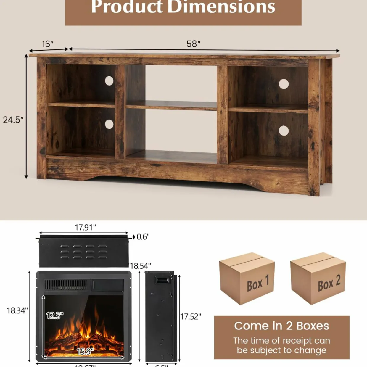 Tangkula Fireplace TV Stand for 65 Inches TV, 18” Electric Fireplace with Remote, 7-Level Brightness and 750W/1500W Heat Setting
