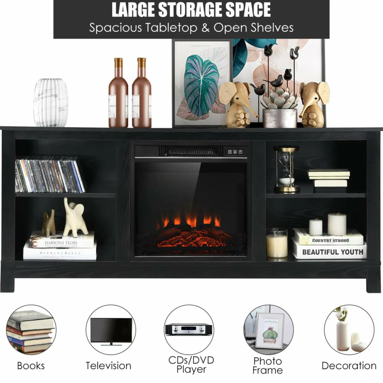 Tangkula Fireplace TV Stand for TVs up to 65 Inches, with 18 Inches 1400W 5,000 BTU Electric Fireplace Insert