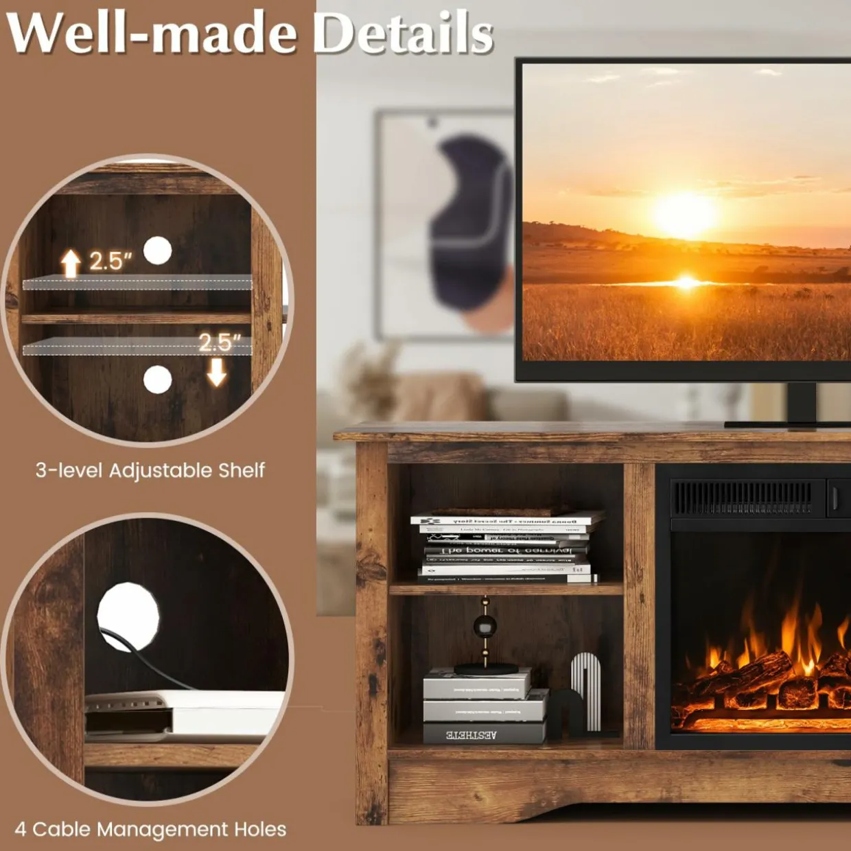 Tangkula Fireplace TV Stand for 65 Inches TV, 18” Electric Fireplace with Remote, 7-Level Brightness and 750W/1500W Heat Setting